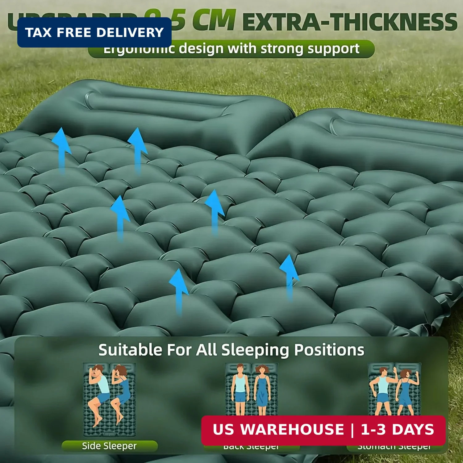 Double Camping Sleeping Pad, 4" Extra Thick 2 Person Inflatable Sleeping Pad