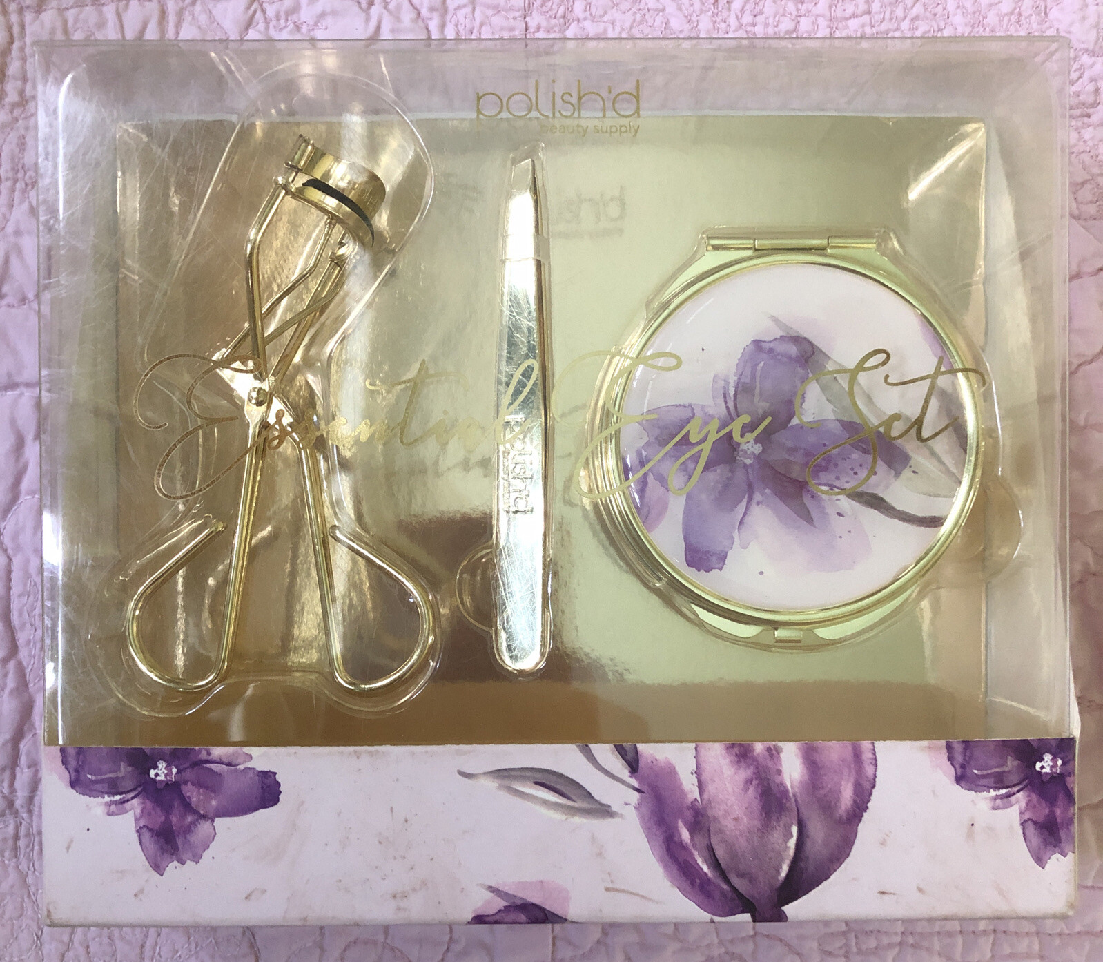 Polished beauty supply Essential eye set. curler, tweezer, compact mirror New