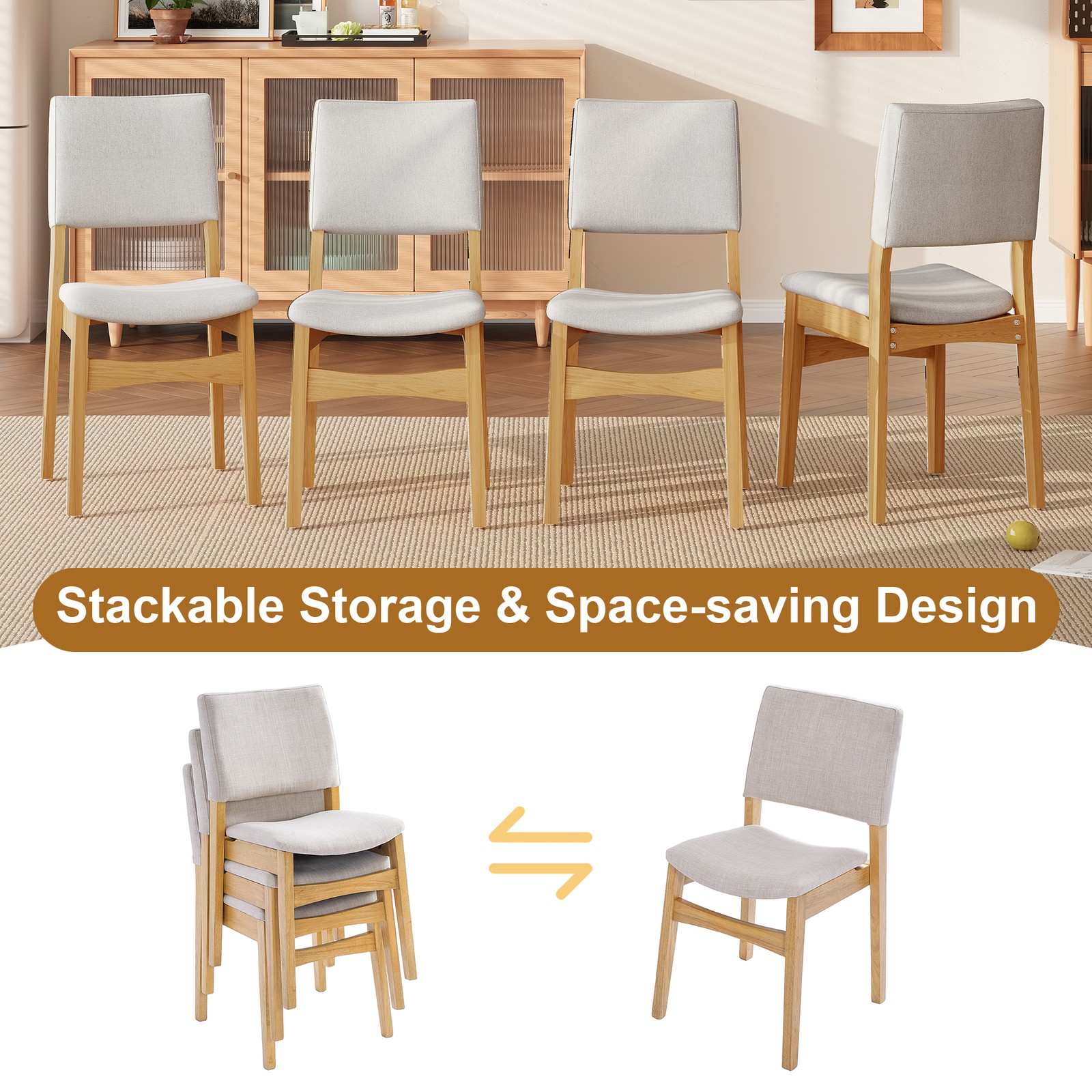 Upholstered Stackable Dining Chairs Set of 2 - Linen Fabric Seat & Backrest, S