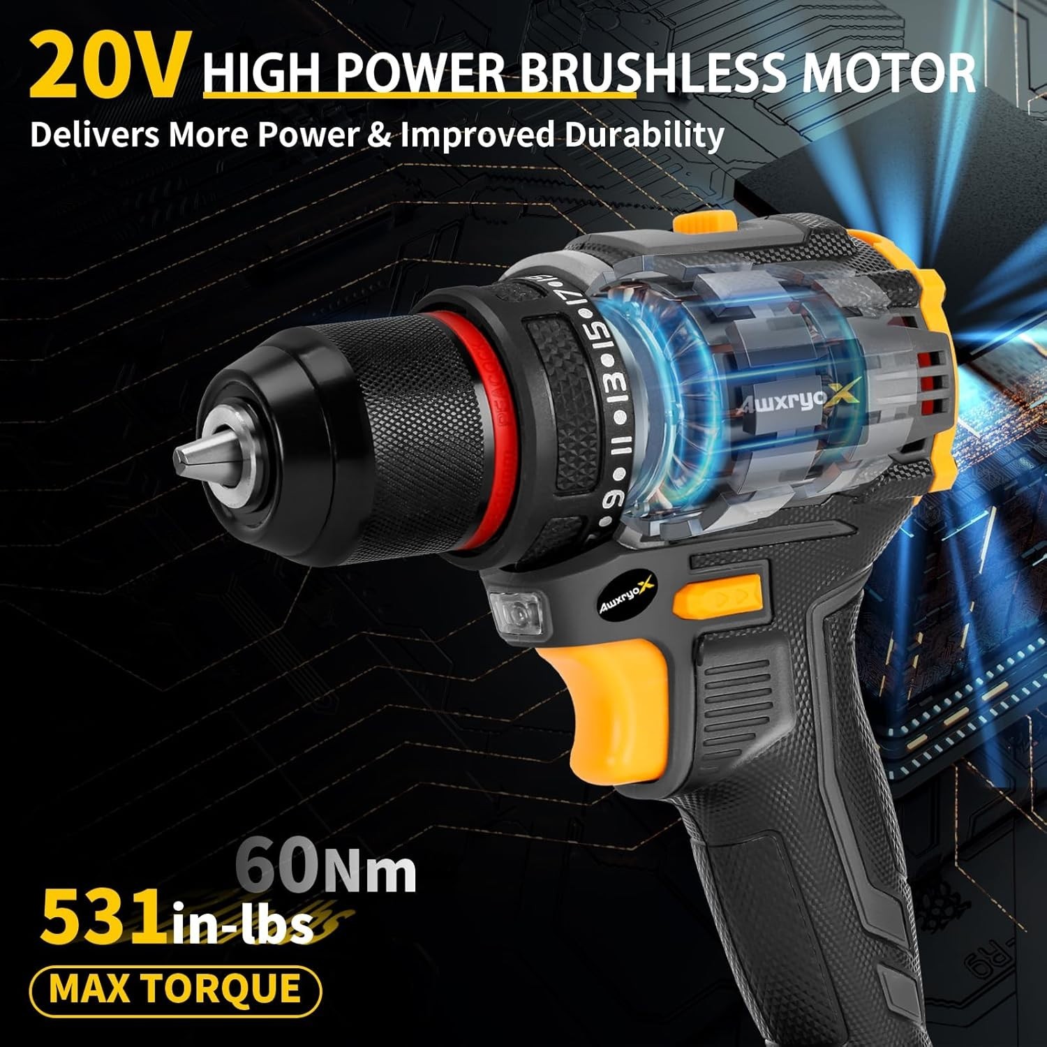Complete 135 pcs Brushless Drill Tool Set - 20V, 2 Lithium Batteries Included