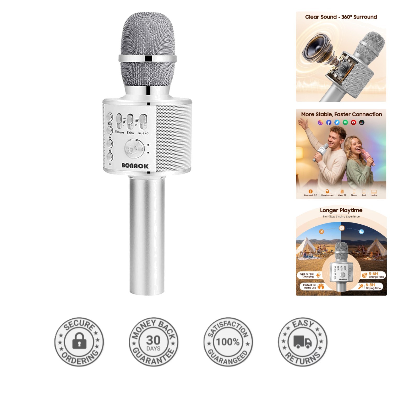 Q37 Silver Wireless Karaoke Mic, Speaker, Recorder - Fun for Kids & Adults