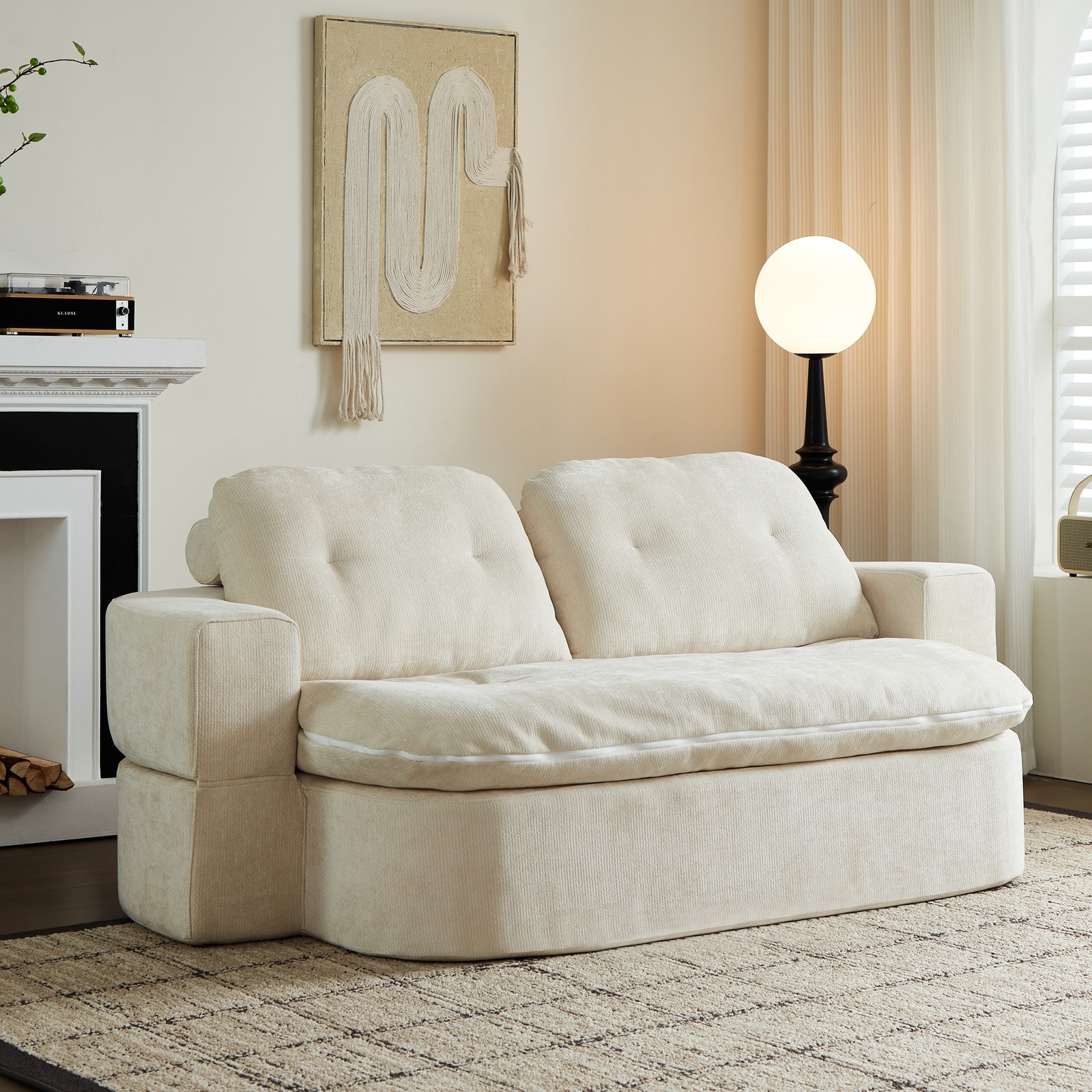 Modern Floor Sofa with 2 Pillows,Convertible Chenille Fabric Foam-Filled Sleeper