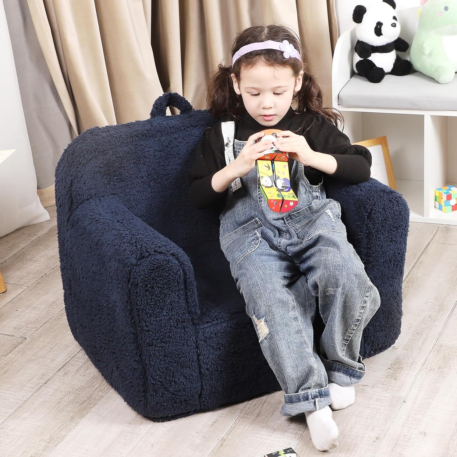 Kids Snuggly-Soft Sherpa Chair, Cuddly Toddler Foam Chair Dark Blue