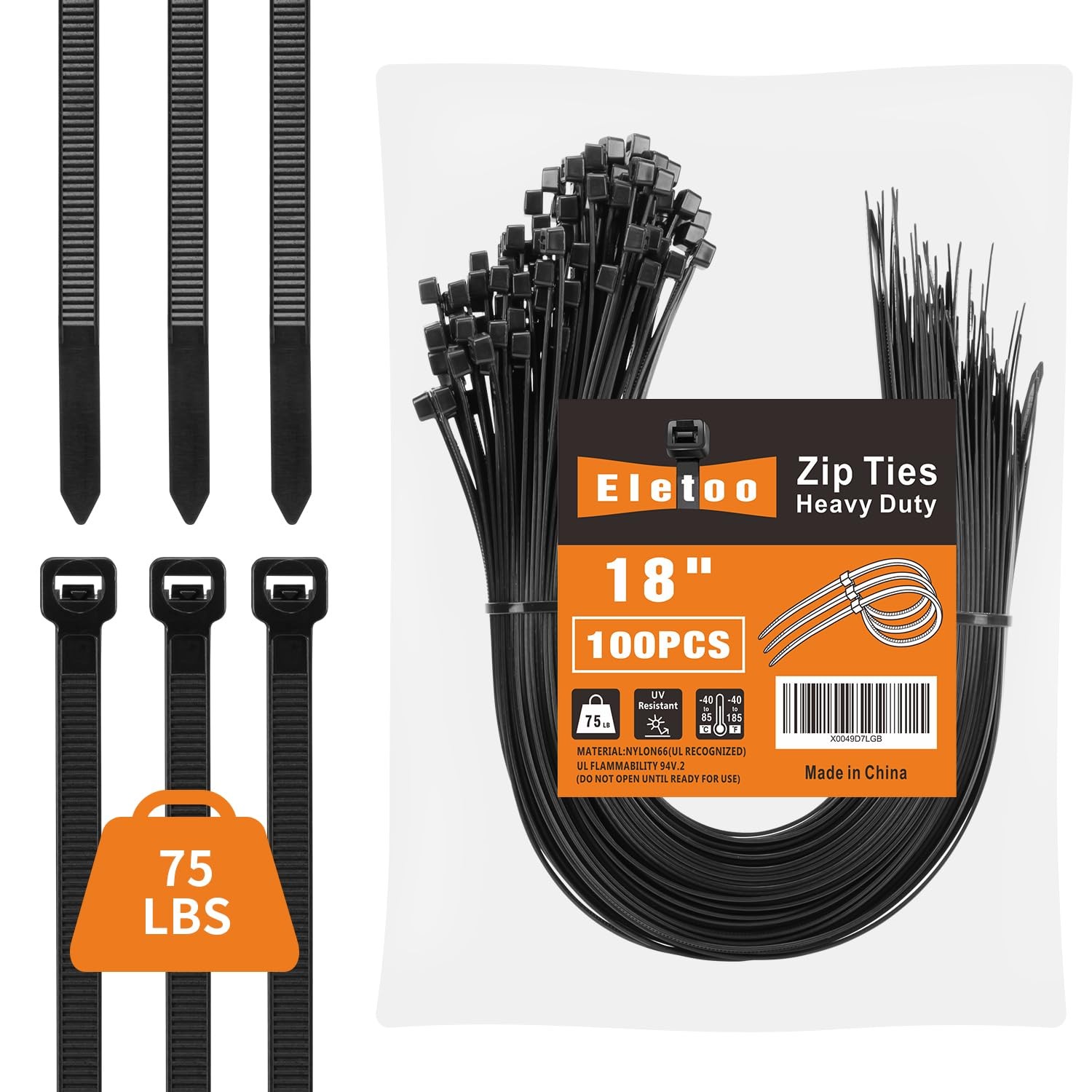 100PCS 18 inch Black Zip Ties Heavy Duty, 75LBS Tensile Strength, Self-Locking H
