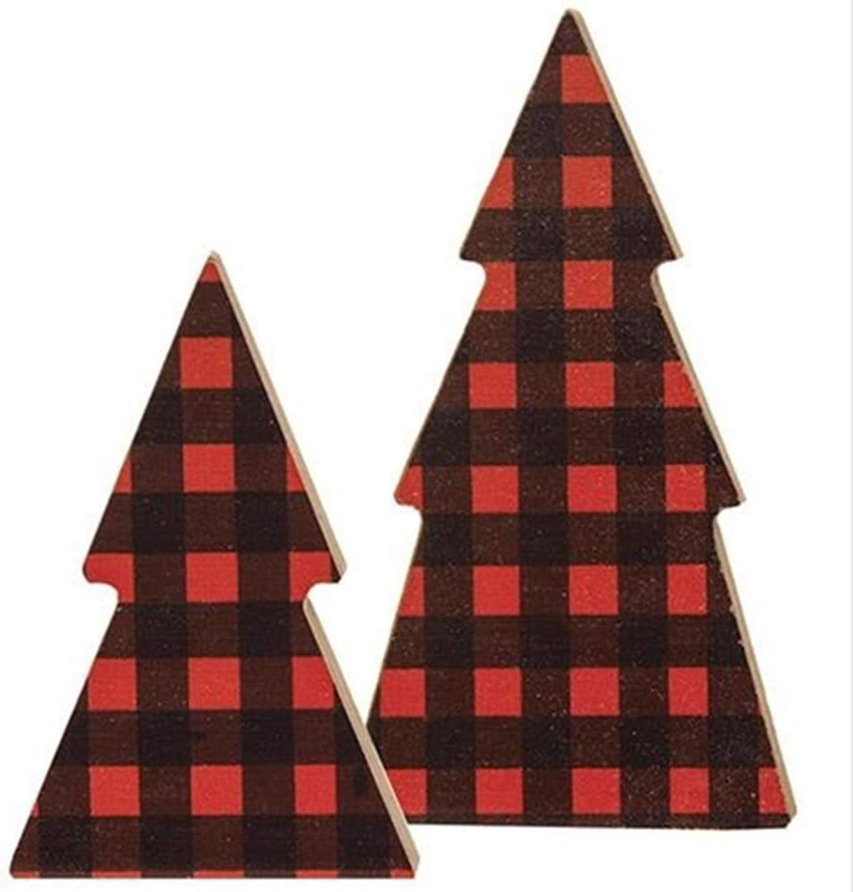 2 Pack | Buffalo Plaid Trees | Wood | 4 Inch | Farmhouse Buffalo Check Christmas