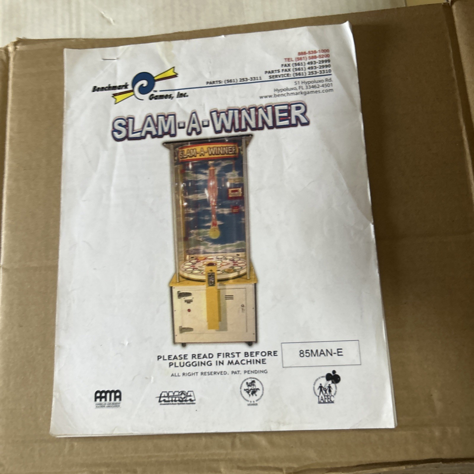 Original Slam A Winner Benchmark Games ARCADE GAME  owners manual