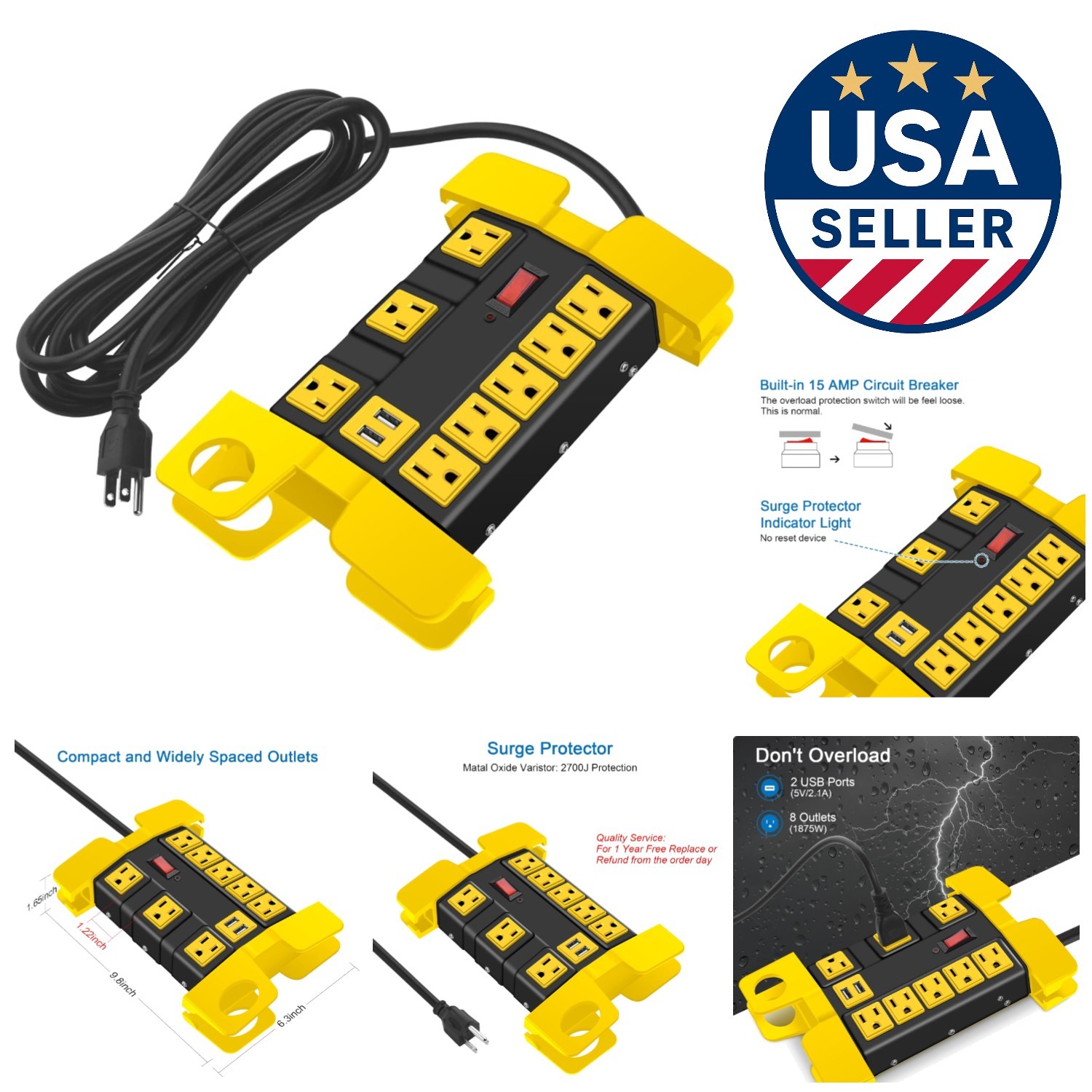 8 Outlet Heavy Duty Power Strip with USB, 2700 Joules Surge Protector, Black