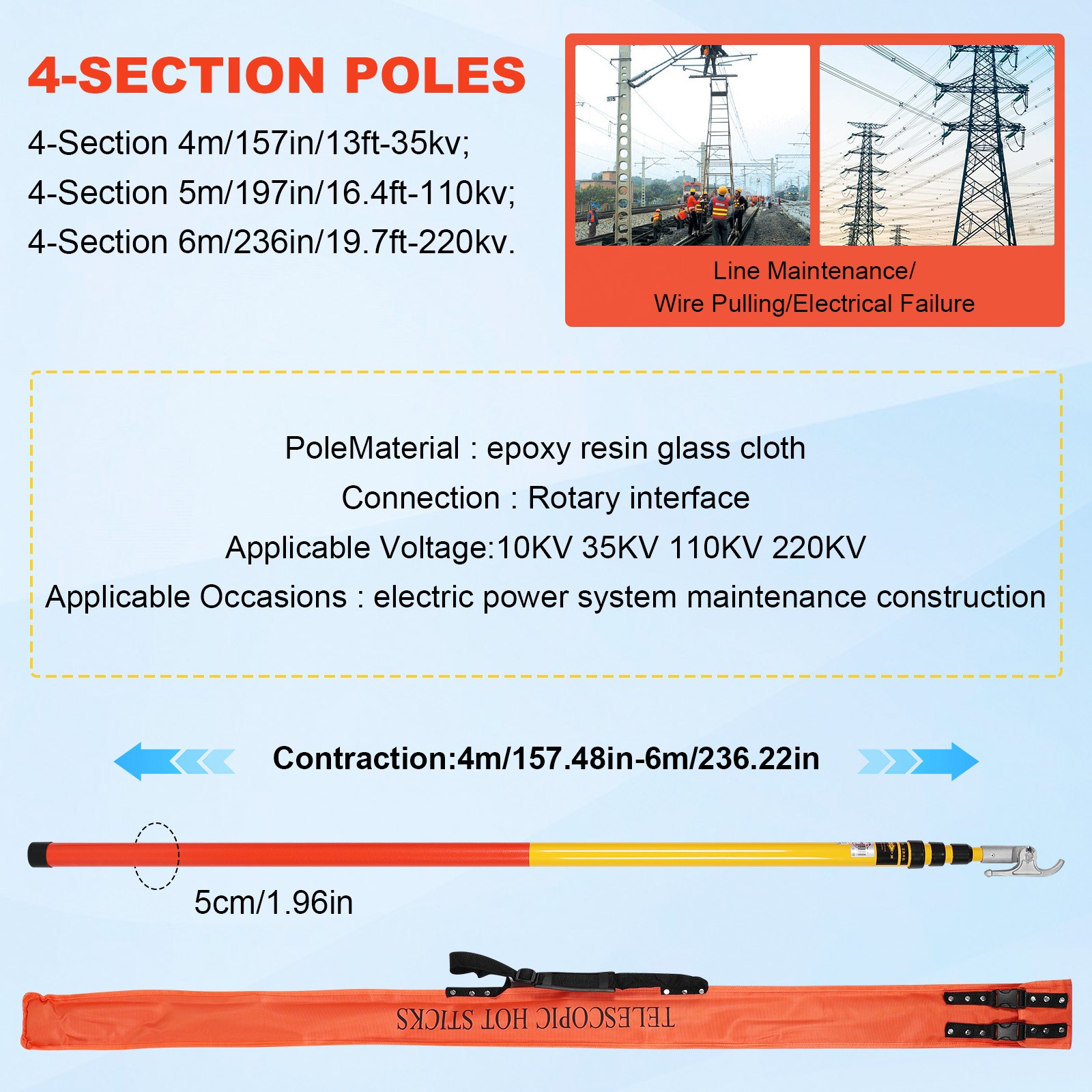 220KV 6m 4 Sections Electrical Hot Stick Telescopic Operation Pull Rod