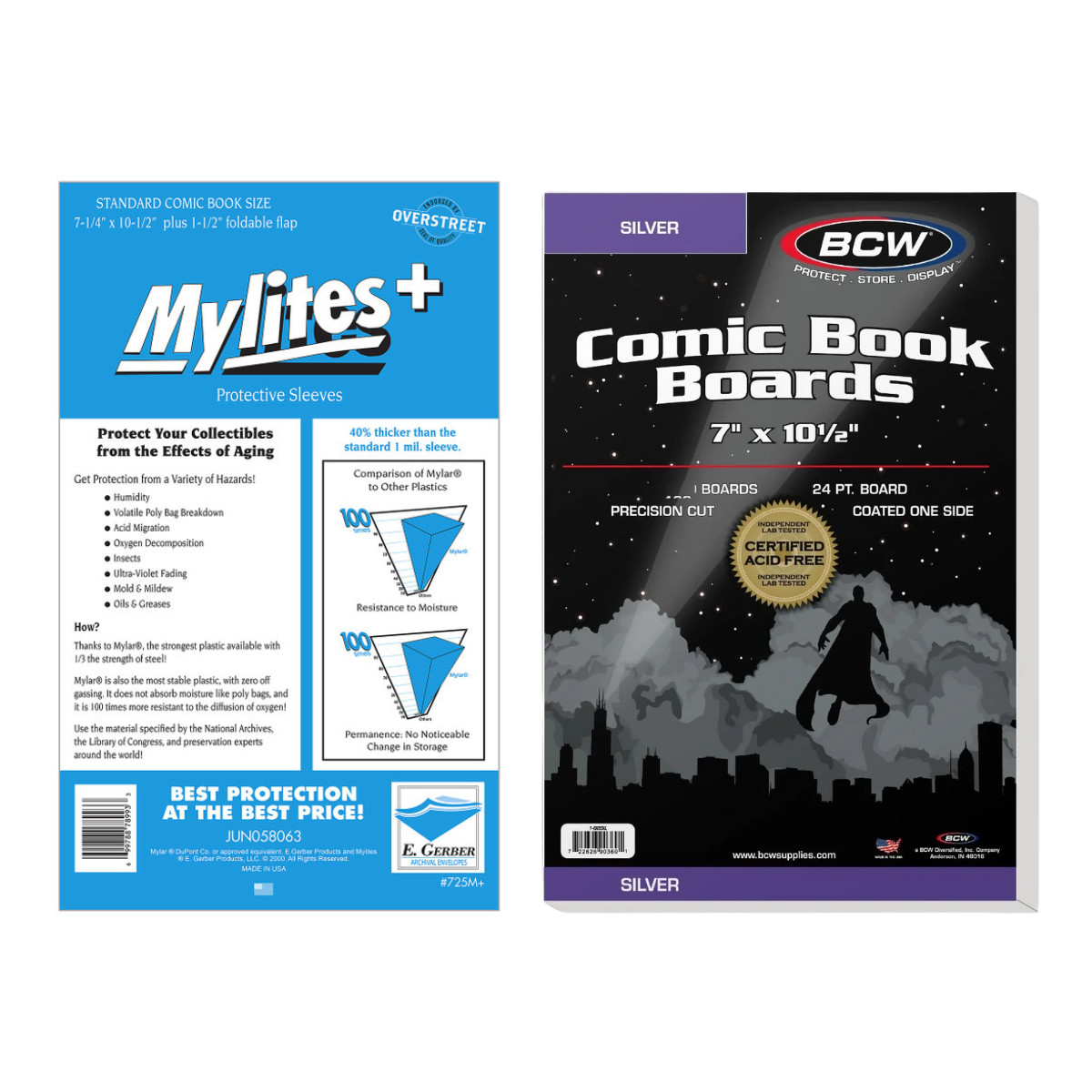 100 E Gerber MyLites+ 1.42 Mil Mylar Comic Book Bags + 100 BCW Boards 7.25x10.5
