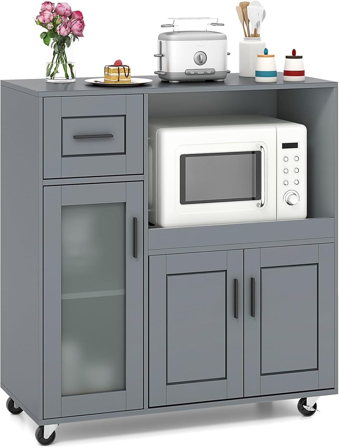Kitchen Island Cart with Storage, Rolling Island Table with Drawer, Glass Door,