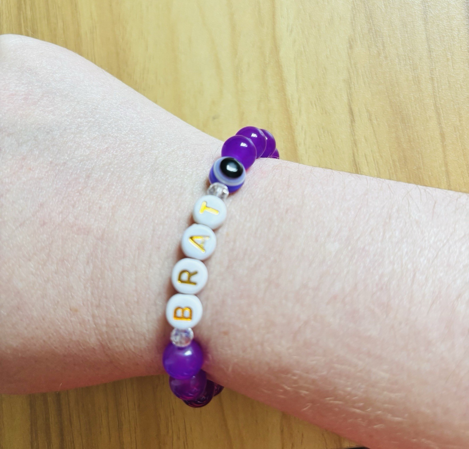 Bubbles & Baubles Studio Handmade Beaded BRAT Letter Bracelet Purple White