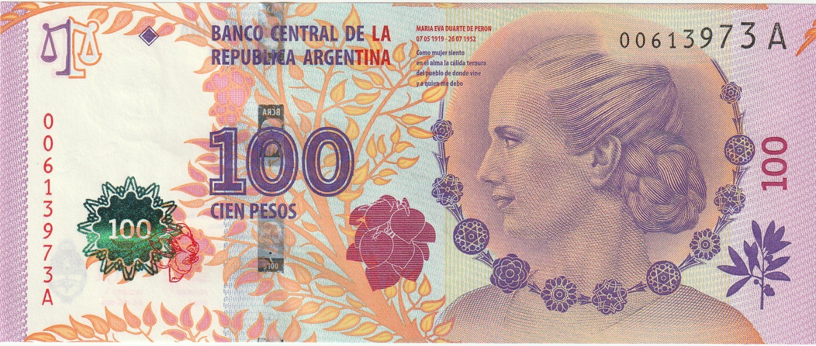 Argentina 100 Pesos Banknote 2012 Uncirculated Pick# Maria Peron