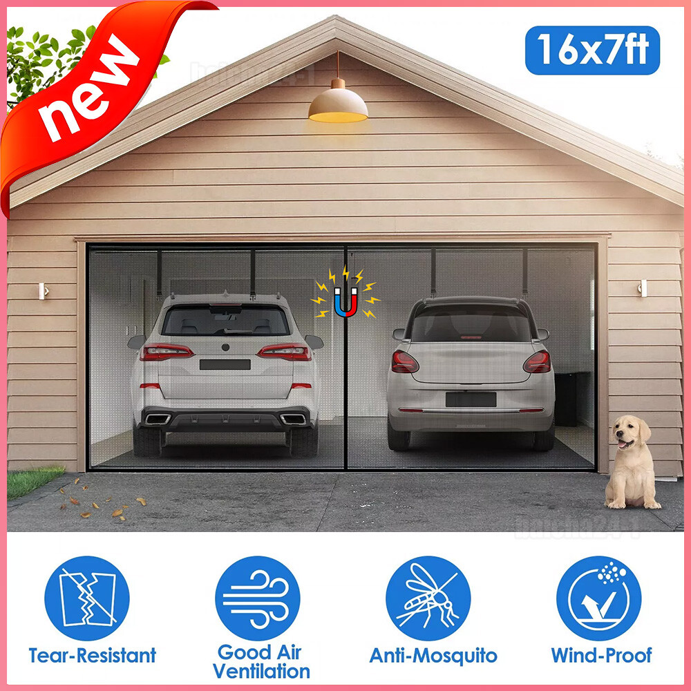 Magnetic Garage Door Screen 16 x 7ft for 2 Cars Heavy-Duty Garage Net Fiberglass