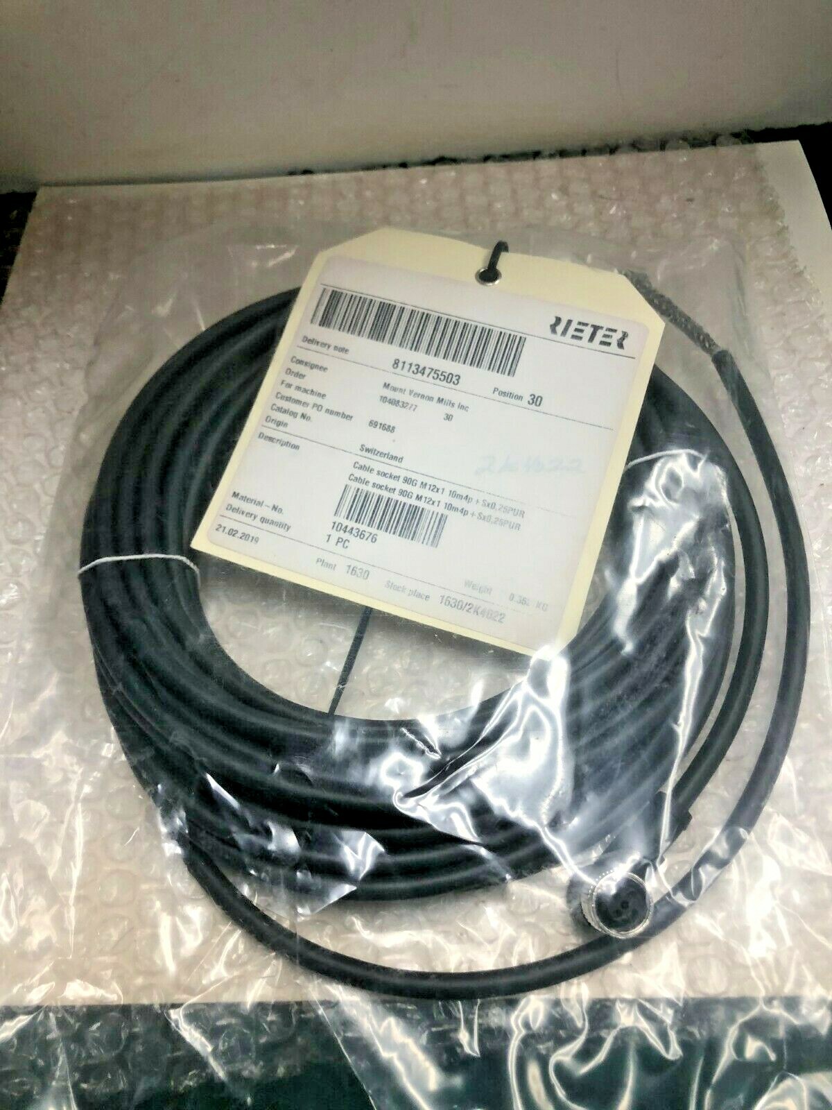 NEW RIETER  CABLE SOCKET 90G M 12X1 10M4P+SX0,25PUR