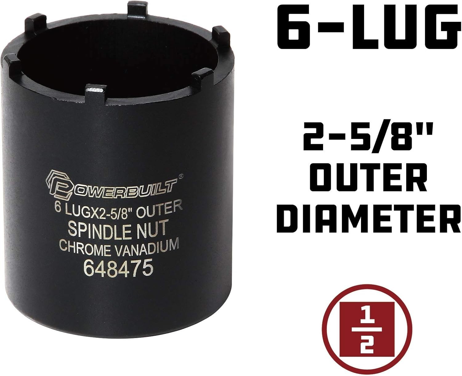 Powerbuilt Spindle Socket, 6 Outer Black, 6 Lug, Remove Spindle Nuts, 2-5 Inch O