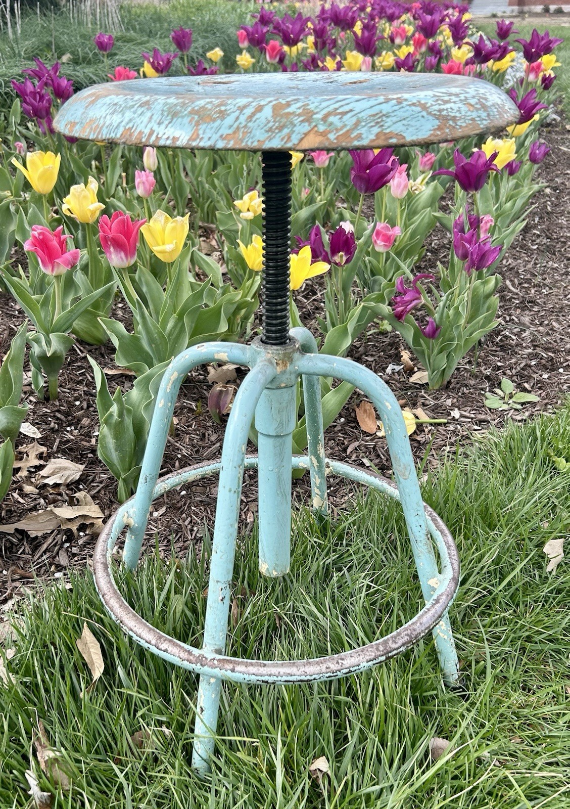 Antique Original Worn Blue Paint Stool Iron Screw Mechanism Wood Seat