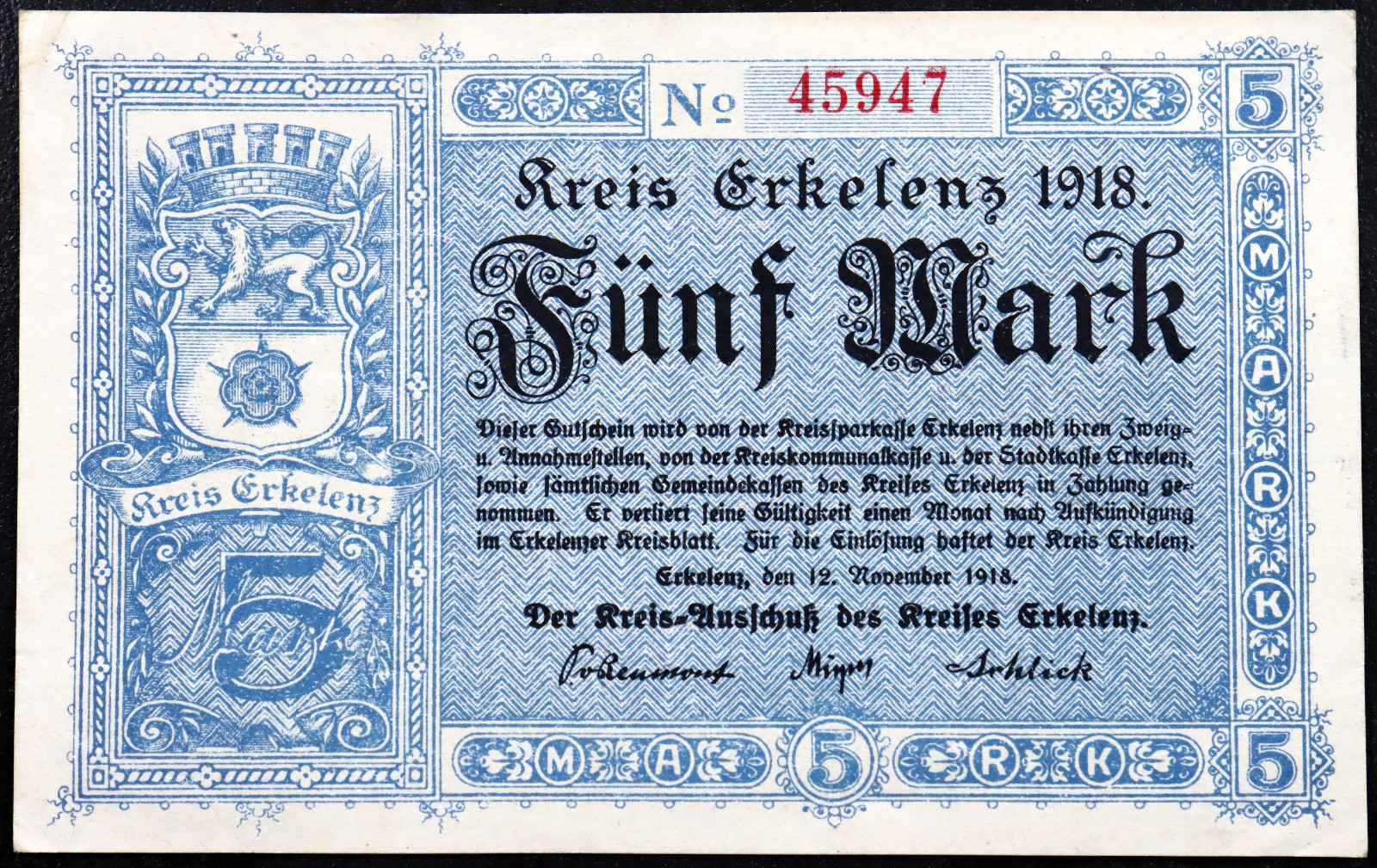 ERKELENZ 1918 5 Mark Grossnotgeld WWI German Notgeld Banknote