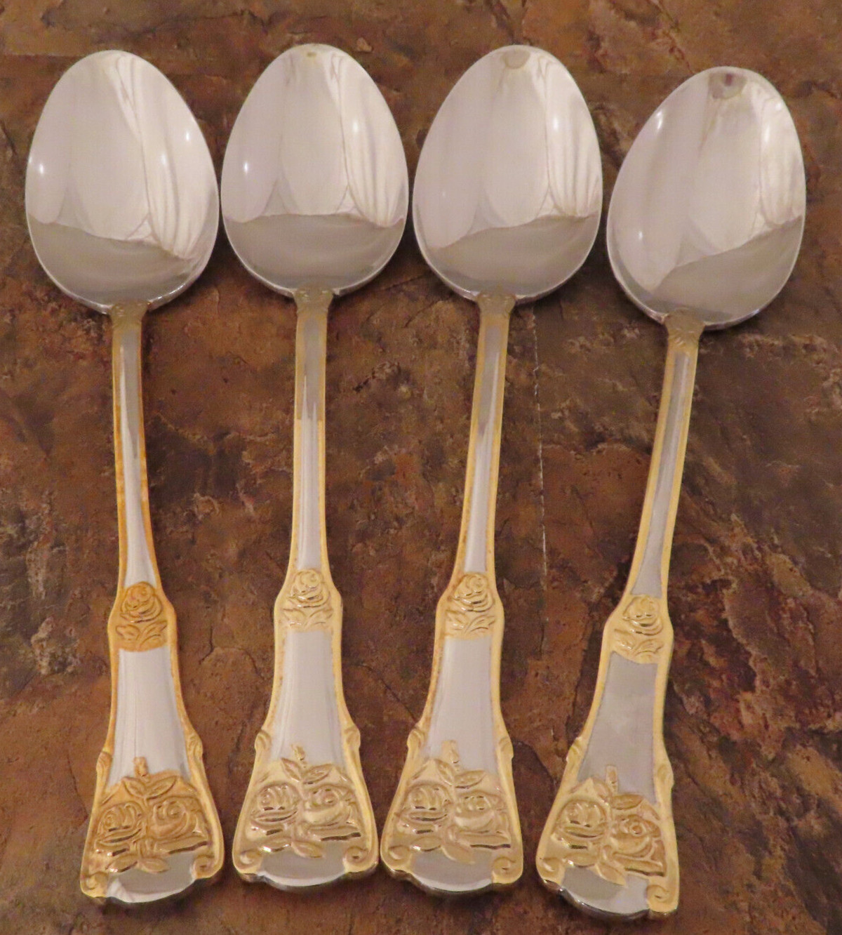 Royal Albert Old Country Roses Set 4 Oval Soup Spoons Stainless Flatware Lot E