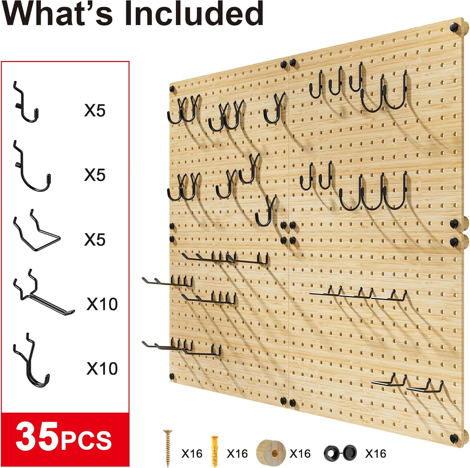 Eco Friendly Bamboo Pegboard Organizer Set 39 Piece 4 Panel Wall Storage 35Hooks