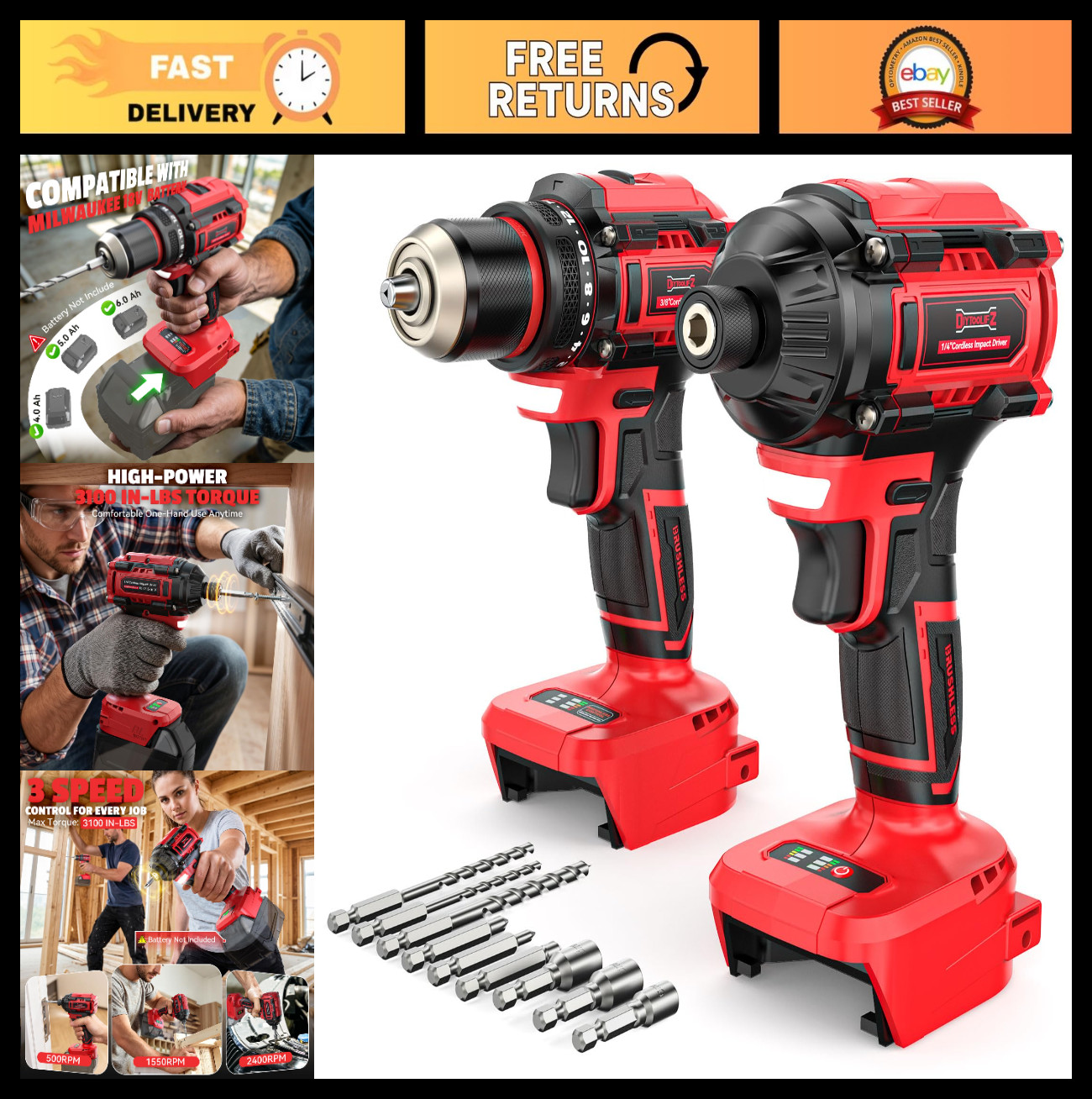 Cordless Brushless Drill & Impact Driver Combo Kit, 18V Battery Compatible, High