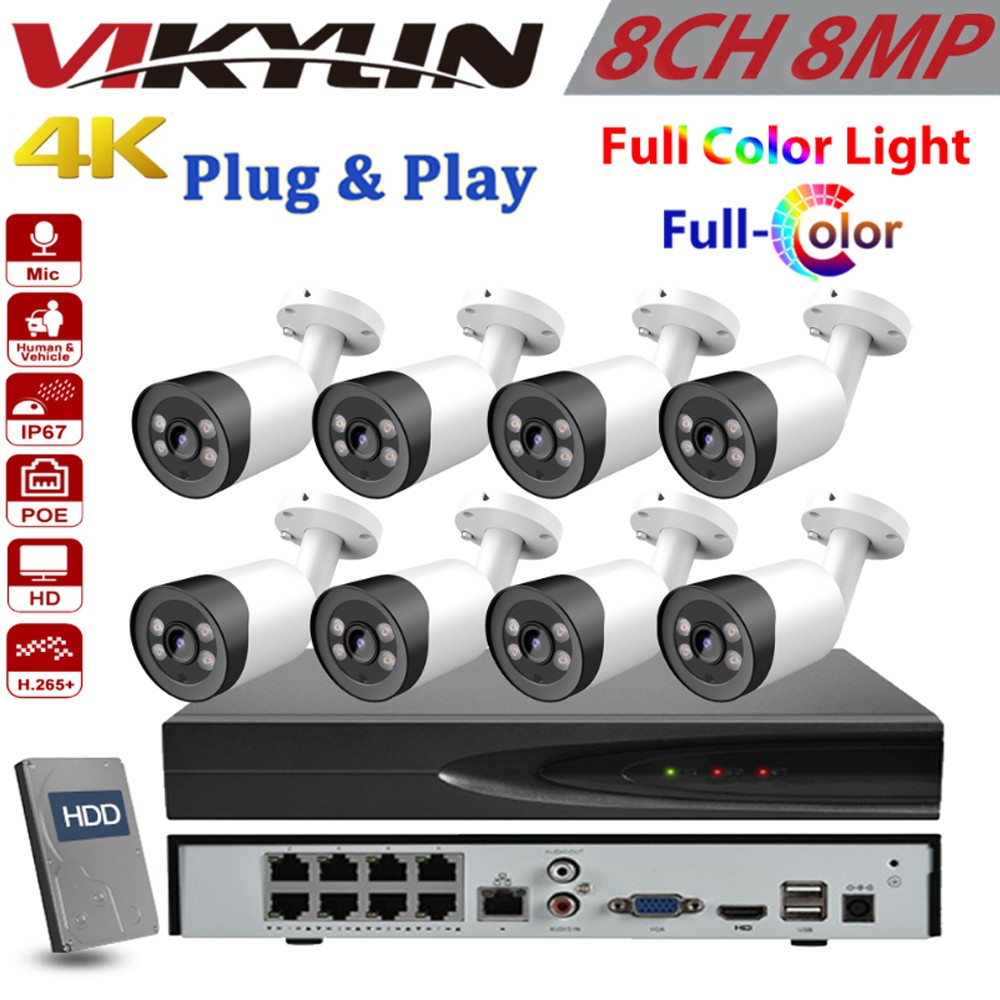 Vikylin 4K 8MP Full Color Security IP Camera Bullet 8CH 8POE NVR Systems Kit Lot