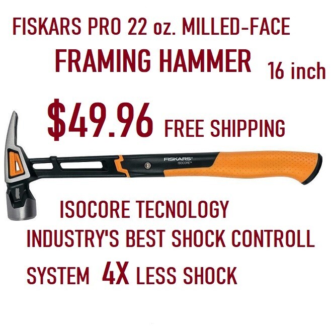Fiskars Milled-Face 22 oz Framing Hammer 16 In. ISOCORE Tecnology 4x Less Shock
