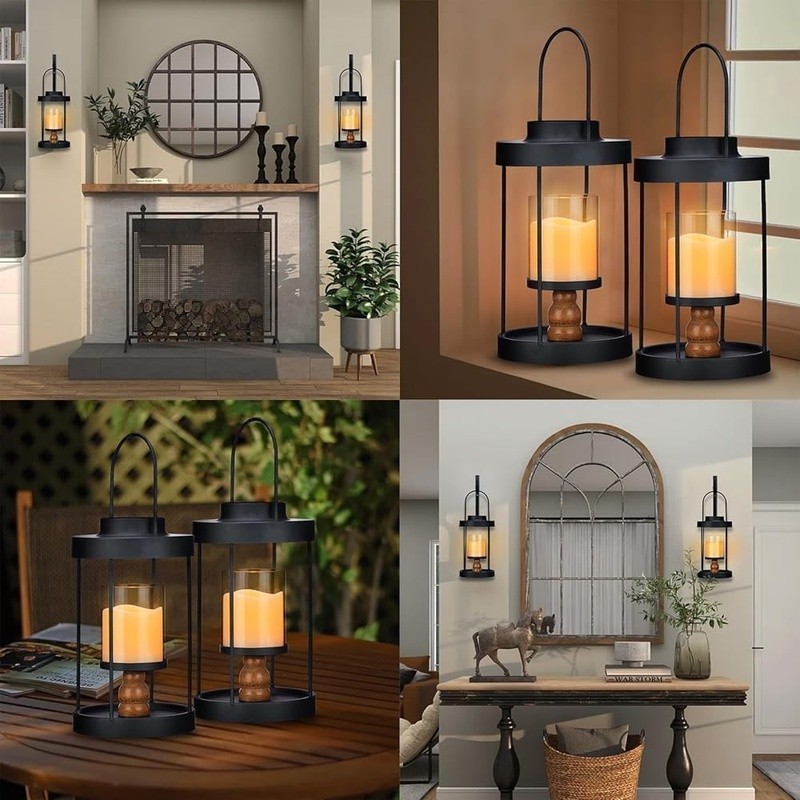 Set of 2 Wall Sconces W/ Flickering LED Candles Timer Function Black Metal New