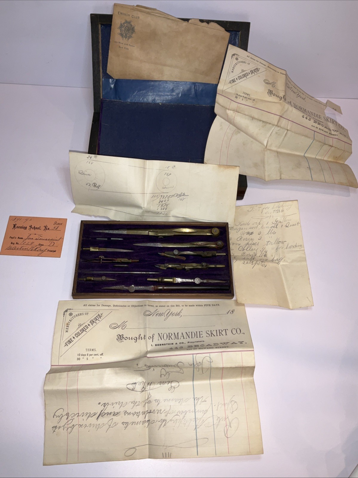 Antique Drafting Instruments Set + 1891 Evening School Card + NYC Ephemera Lot