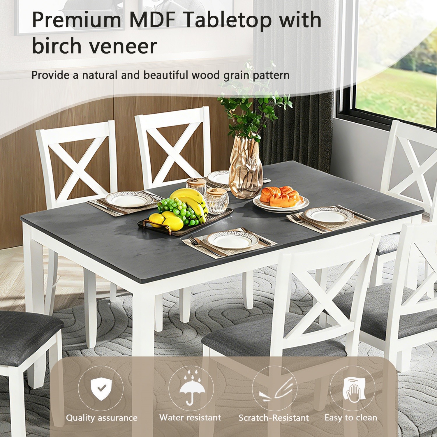 Modern 7-Piece Solid Wood Frame Dining Table Set w/ Table & 6 Upholstered Chair
