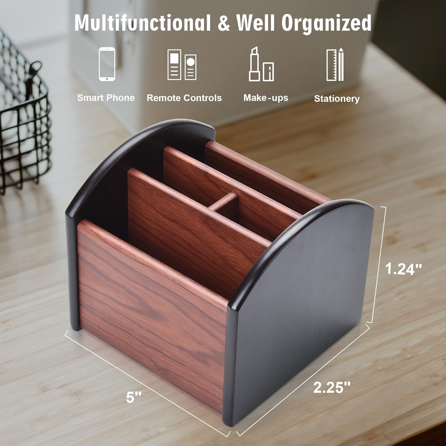 Caddy,Remote Control Organizer Wooden Storage Holder Desk with 4 Compartments