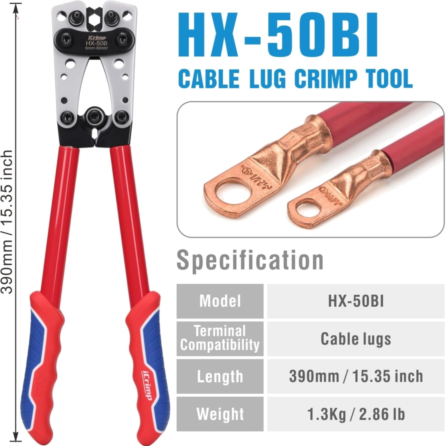 iCrimp Battery Cable Lug Crimping Tool for 8, 6, 4, 2, 1, 1/0 AWG Heavy Duty ...