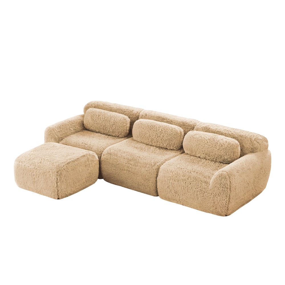 L-Shaped Plush Modular Sofa w/Ottoman, Light Khaki, No Assembly