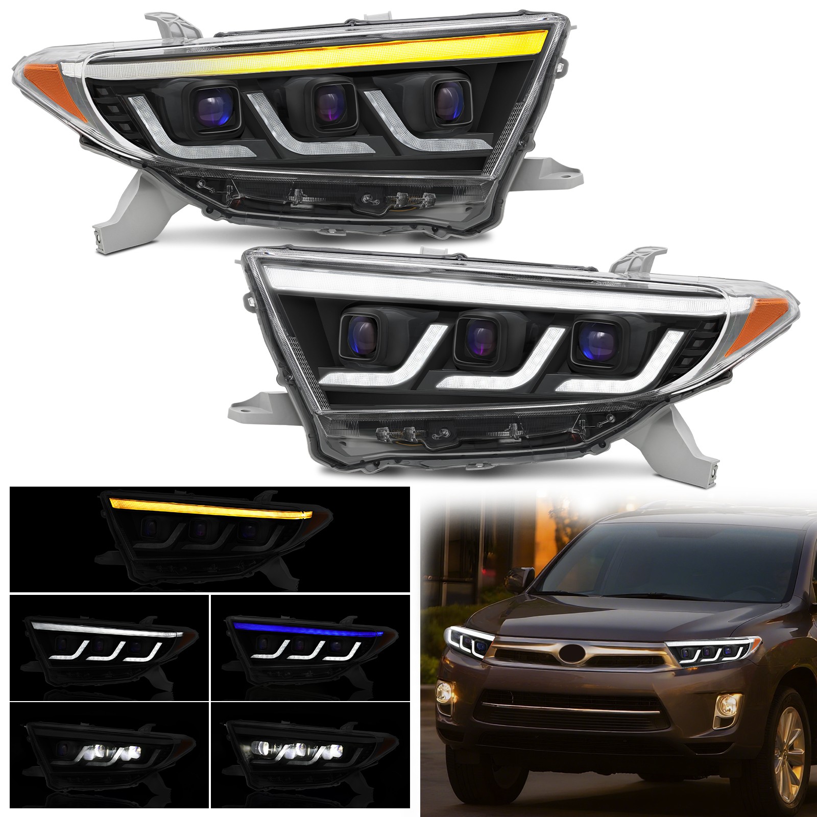 Triple LED Projector Headlights w/Sequential For 2011 2012 13 Toyota Highlander