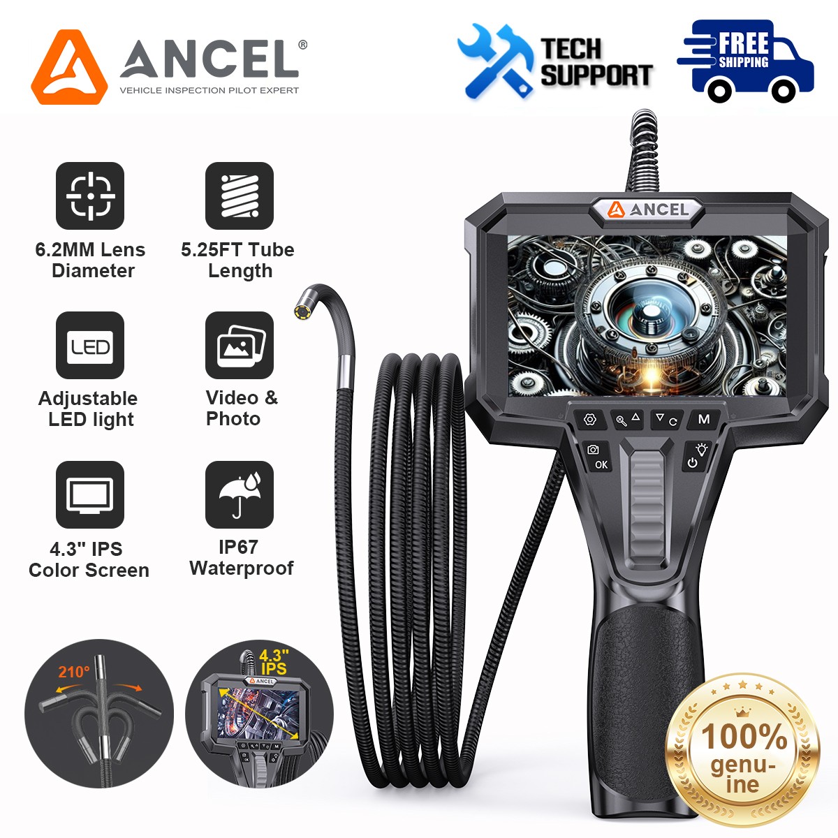 ANCEL AN301 6.2mm Lens 210° Articulating Borescope Inspection Camera Endoscope