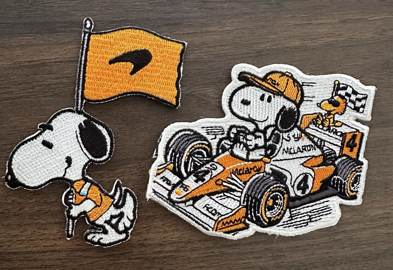 2 Pack McLaren Snoopy Race Car Embroidered Patch 3.5" Iron On Sew On F1 Racing