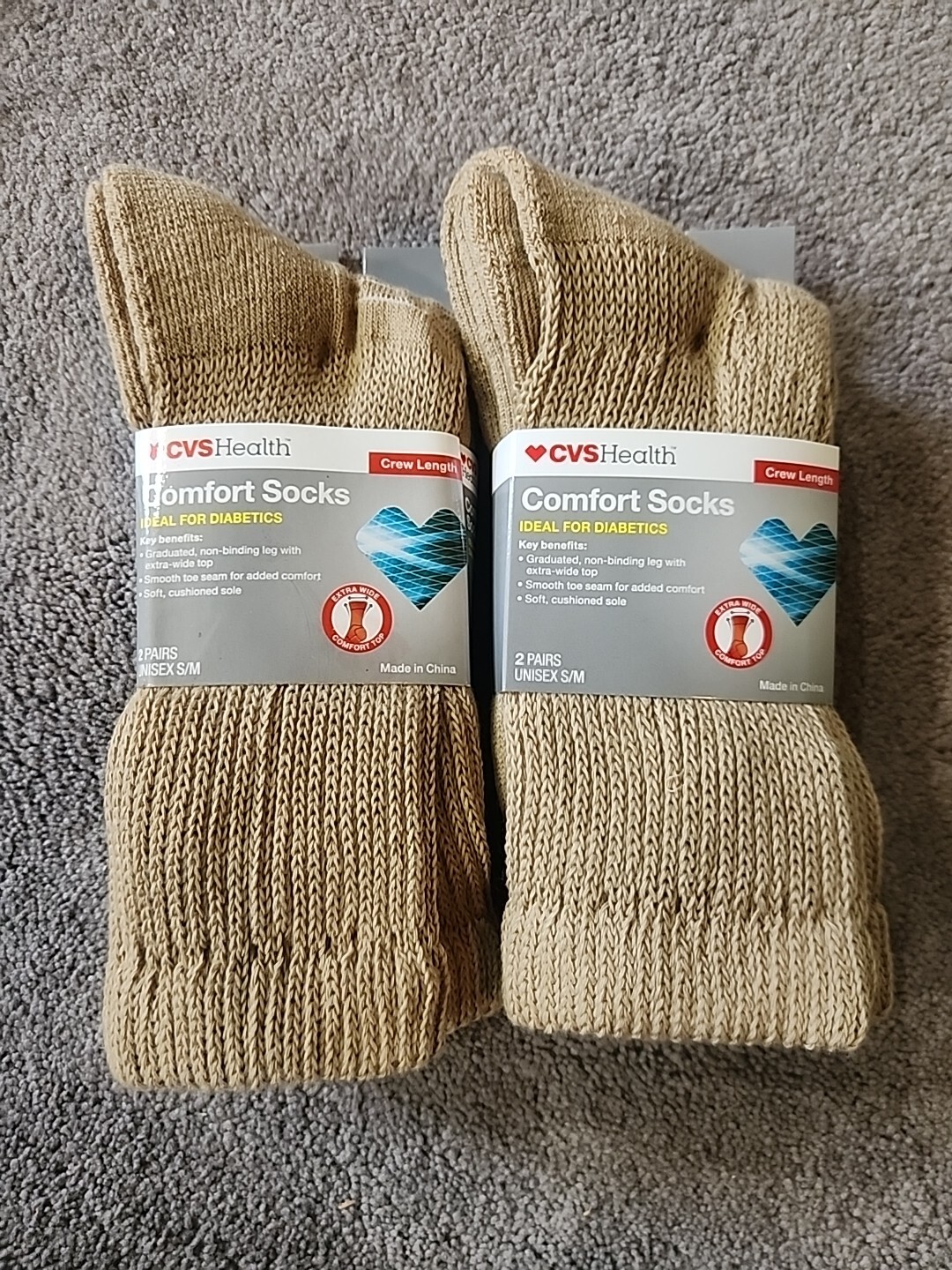 FREE SHIPPING CVS Health Crew Length Socks for Diabetics Khaki S/M 4 NEW Pairs
