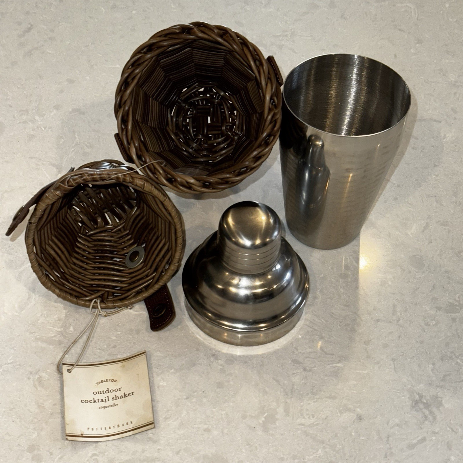 NWT Pottery Barn Stainless Cocktail Martini Shaker Outdoor Rattan Woven Wicker