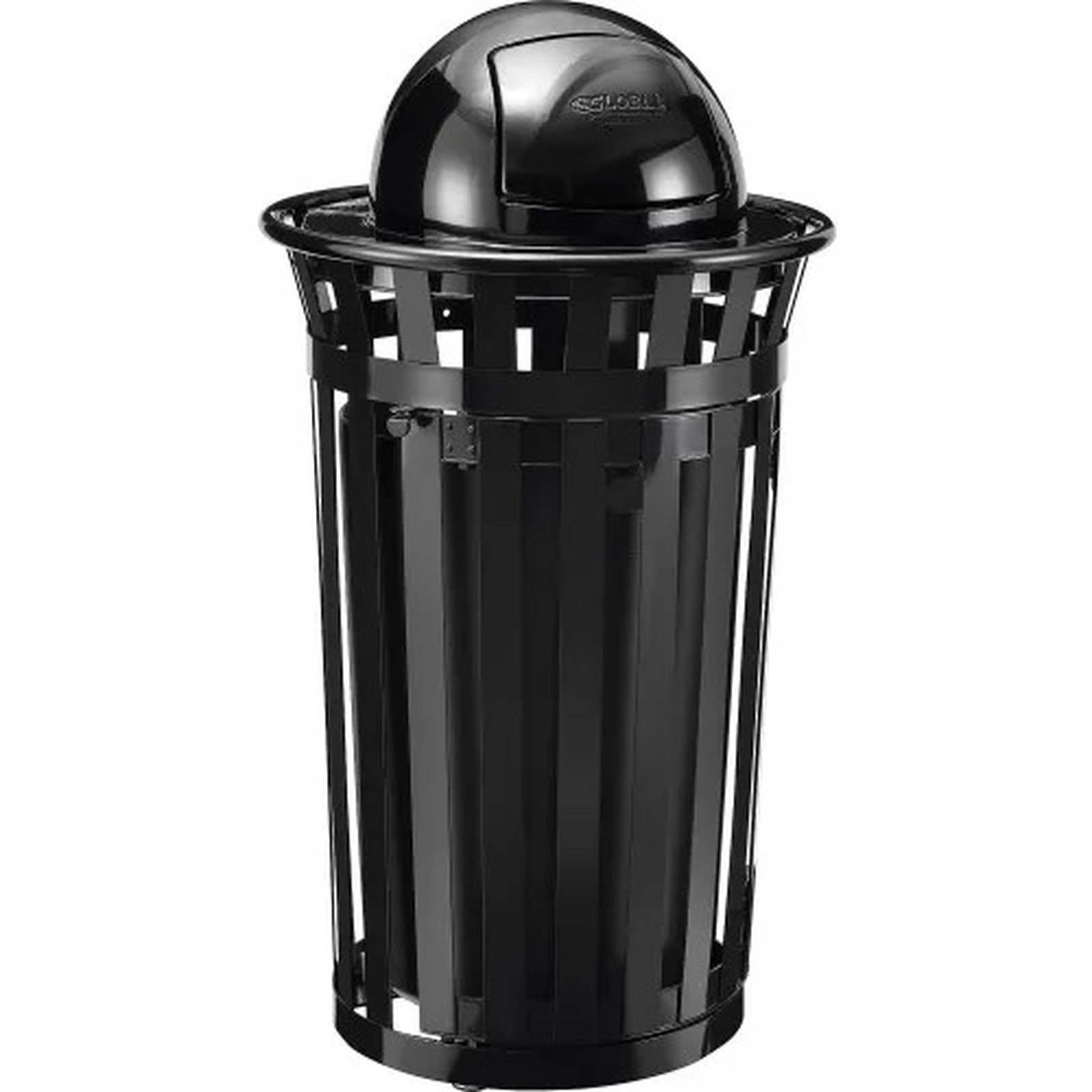Outdoor Slatted Steel Trash Can W/Access Door & Dome Lid, 36 Gallon, Black