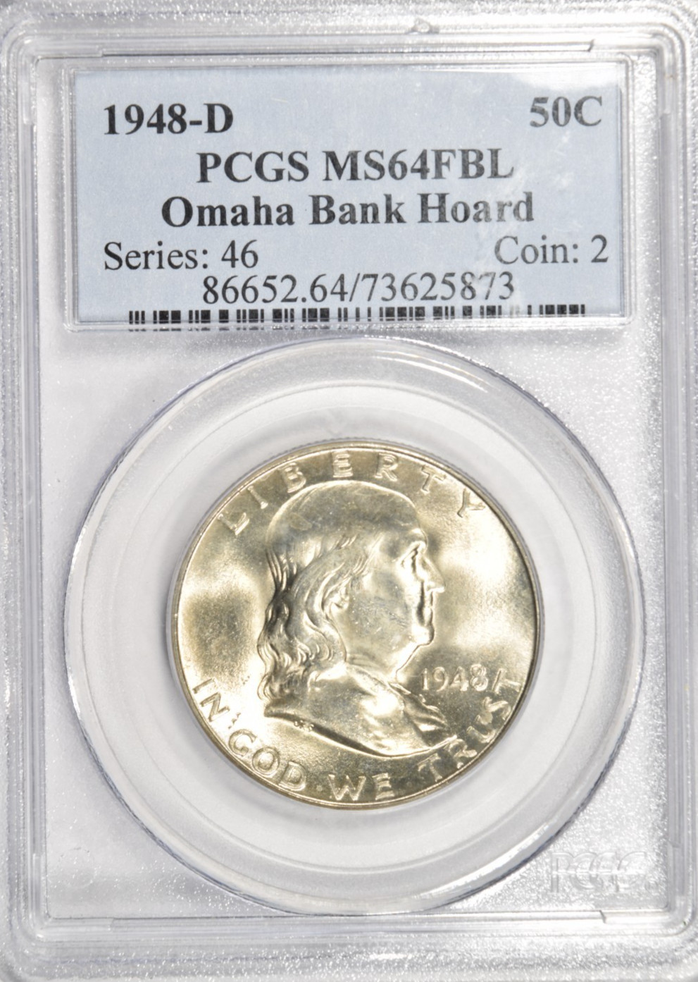 1948 D FRANKLIN HALF DOLLAR ~ PCGS MS64 FBL ~ OMAHA BANK HOARD ~ BRIGHT WHITE