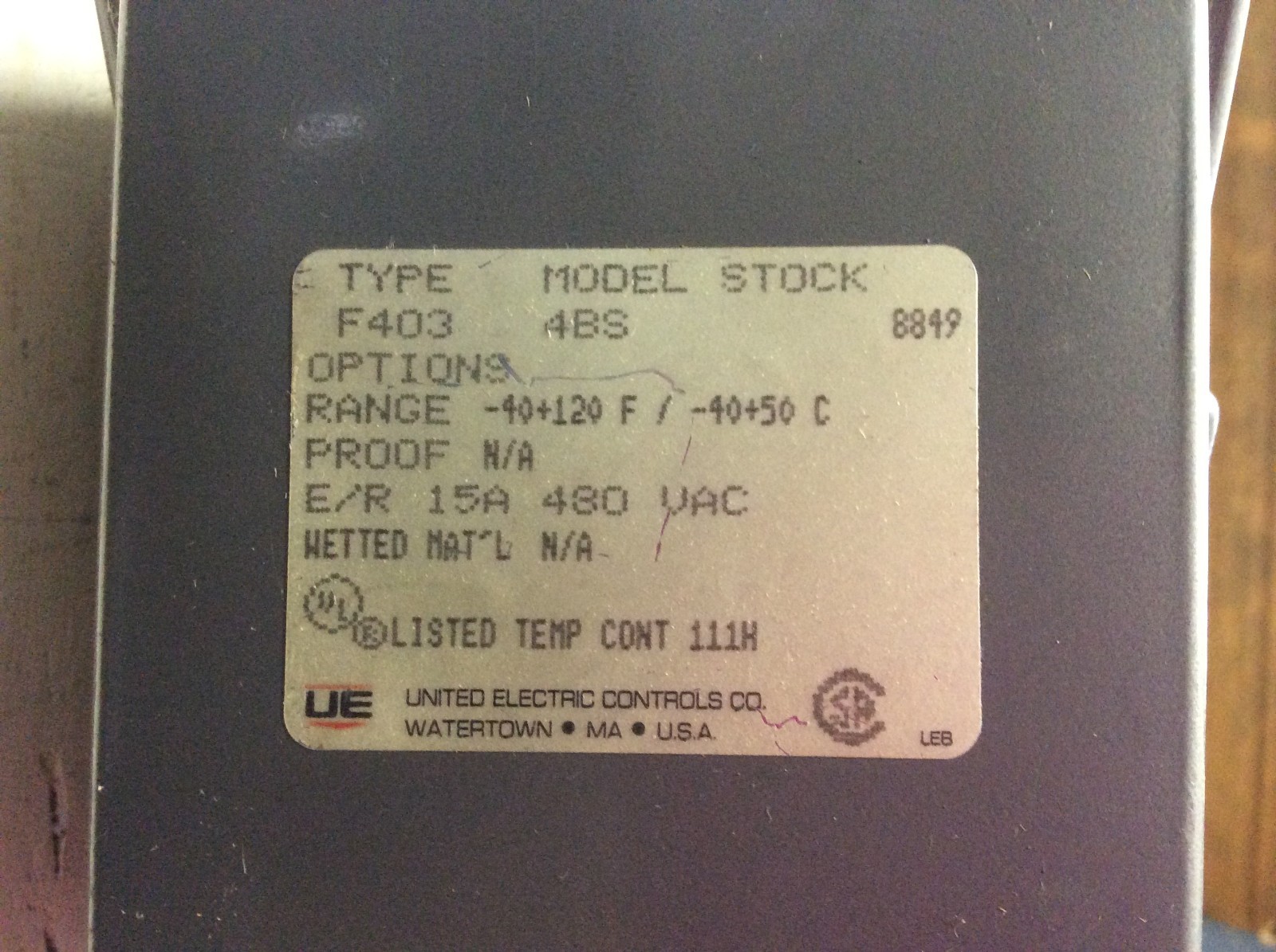 United Electric Controls F403-4BS Temperature Control 15 Amp F4034BS F403 4BS