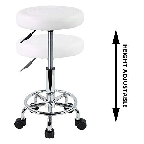 PU Leather Modern Round Rolling Stool with Footrest Height Adjustable White