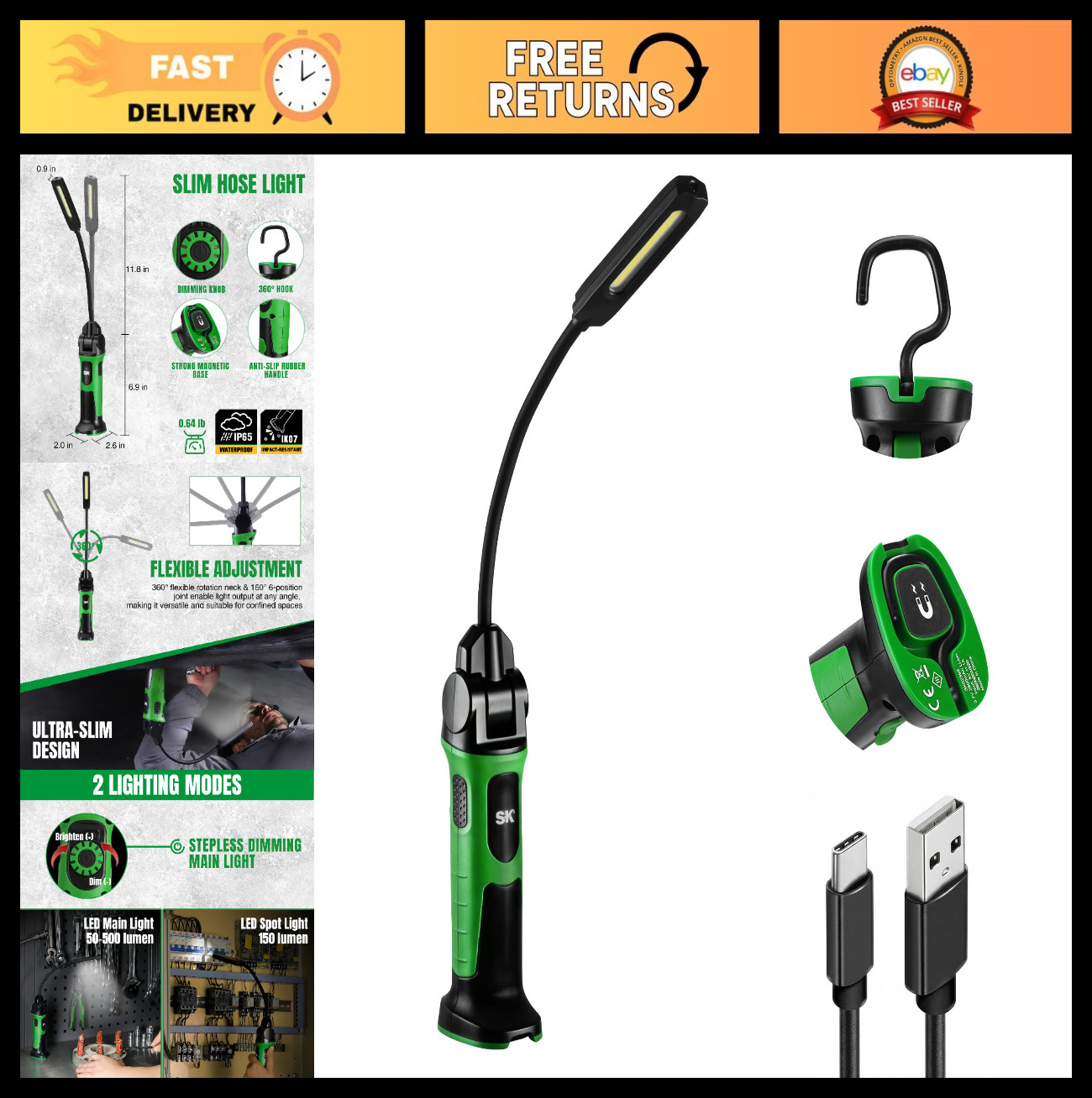 Ultra-Slim Magnetic Work Light, 500LM COB LED, 360° Rotation, Rechargeable, 2 Mo