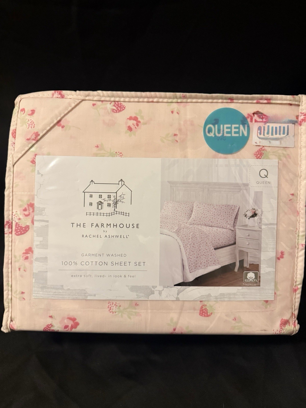 Farmhouse Chic By Rachel Ashwell Cotton QUEEN Sheet Set Pink & StrawBerry Floral