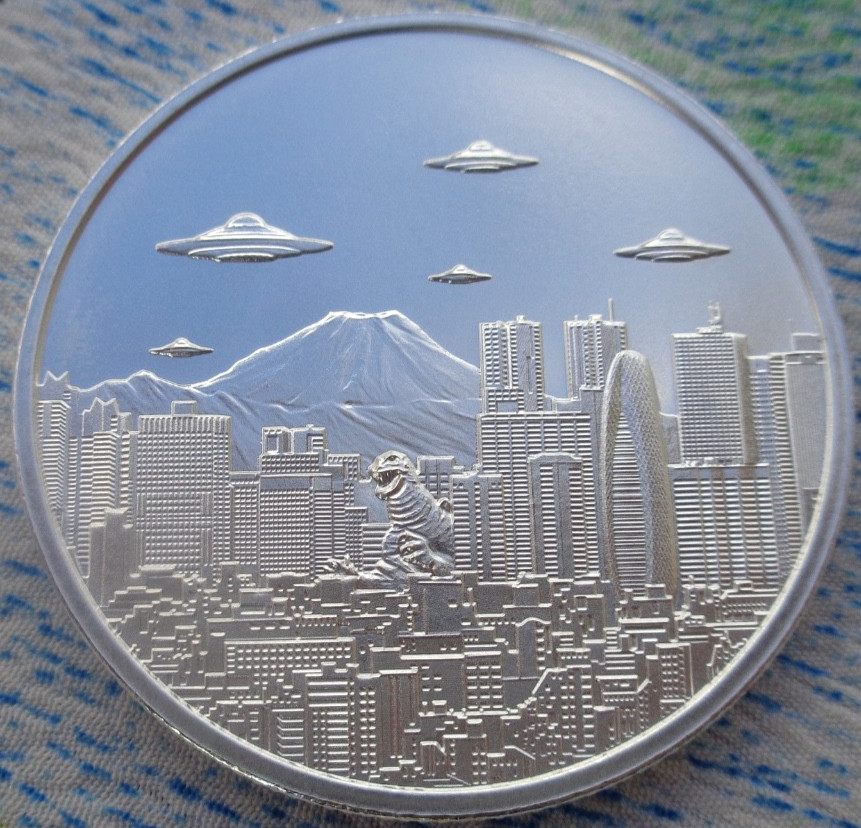 1 oz. UFO'S over TOKYO #13 Godzilla alien round .999 fine silver