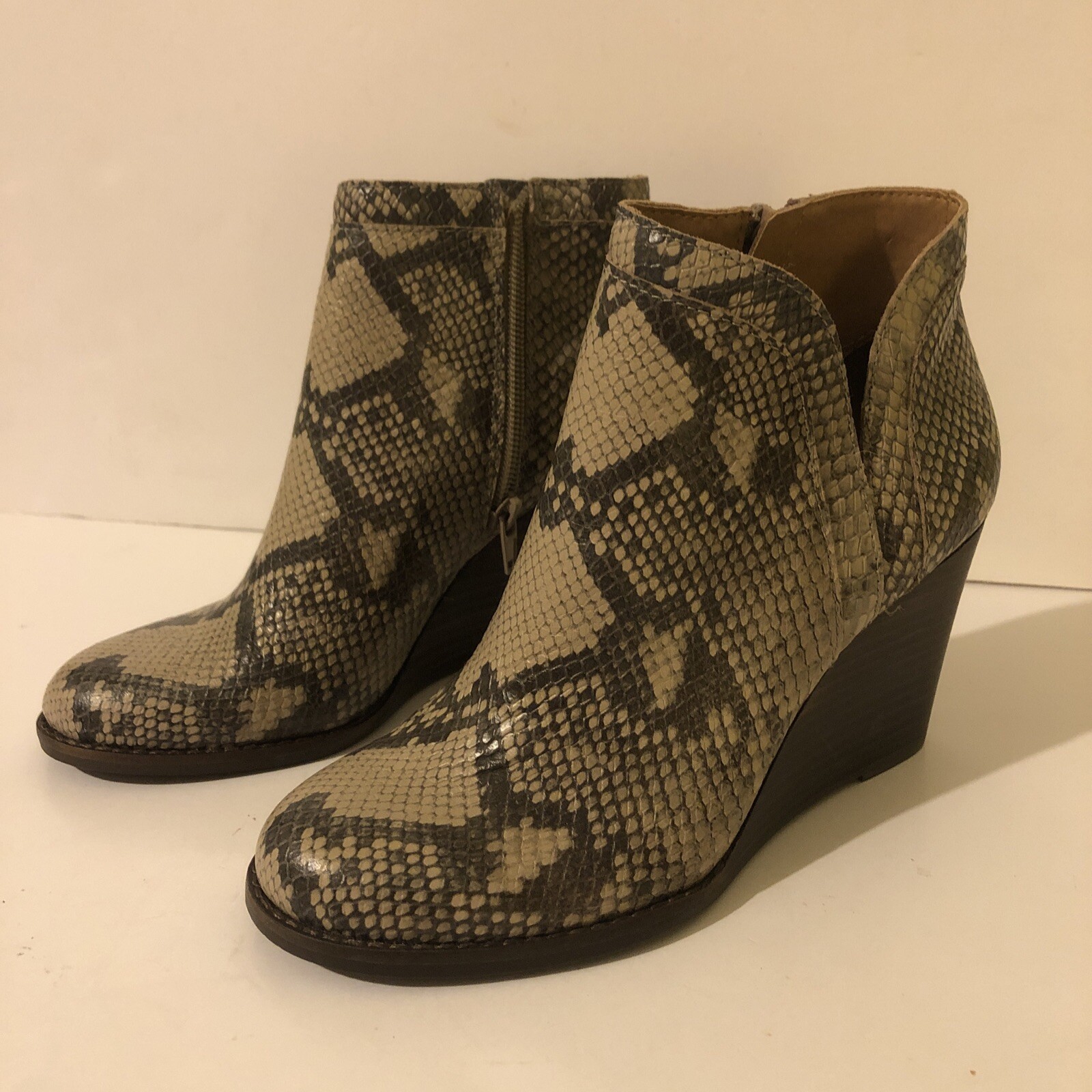 Lucky Brand Yimina Snakeskin Print Leather Wedge Booties Size 6.5 Excellent Cond