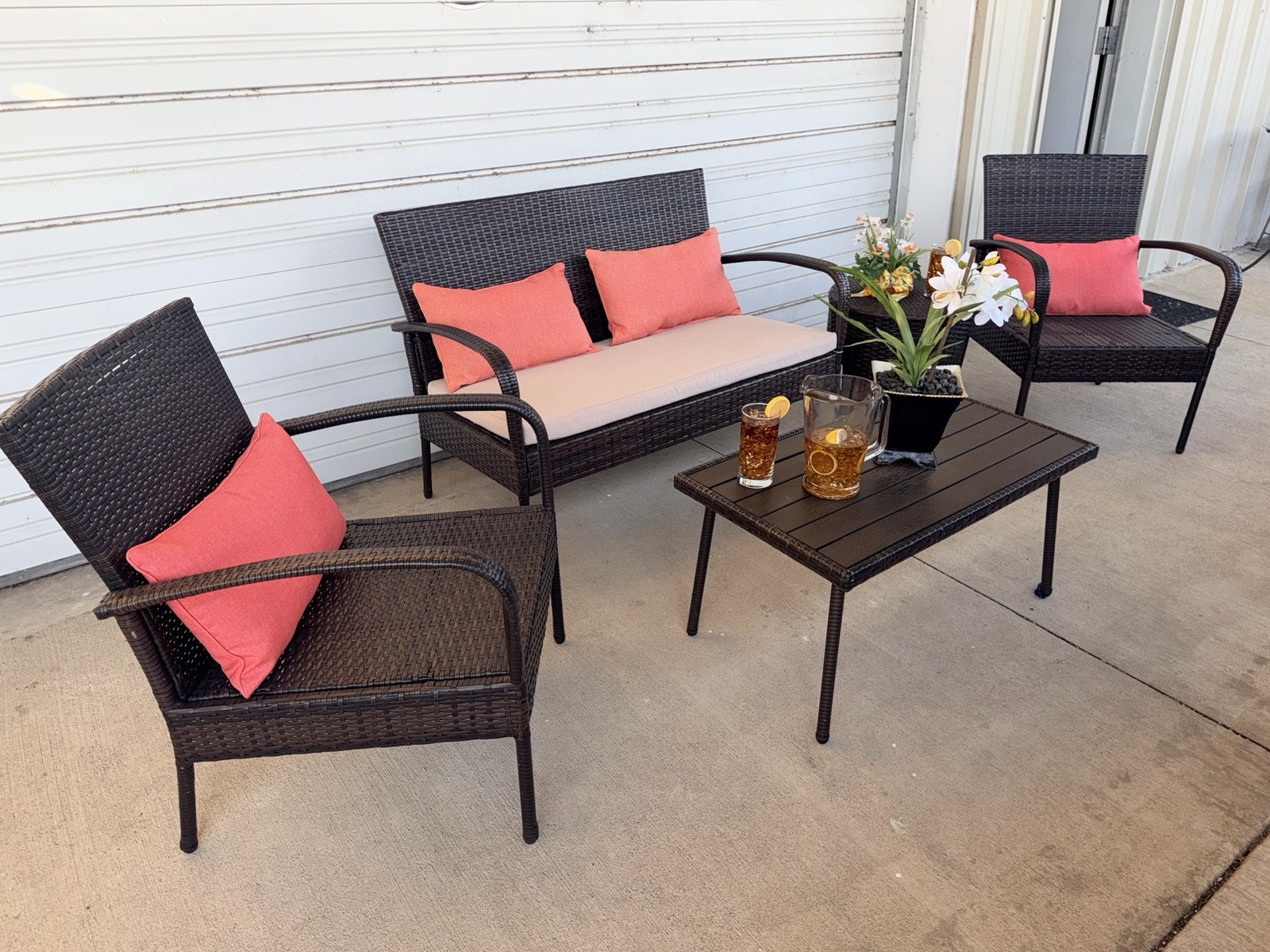 Outdoor Wicker Patio Set 5pc Loveseat Chairs Tables Cushions Brown