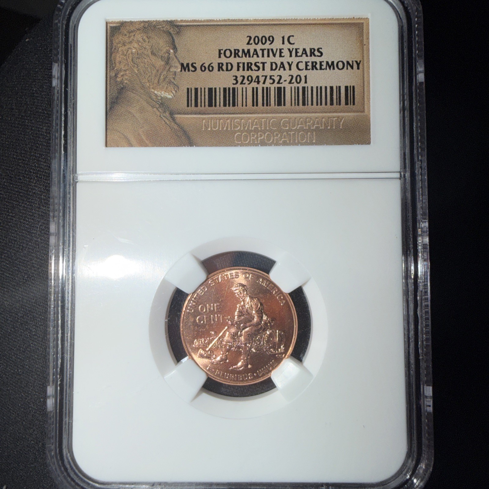 2009 Lincoln Formative Years Cent, First Day Ceremony, 1c, Penny - NGC MS 66 RD