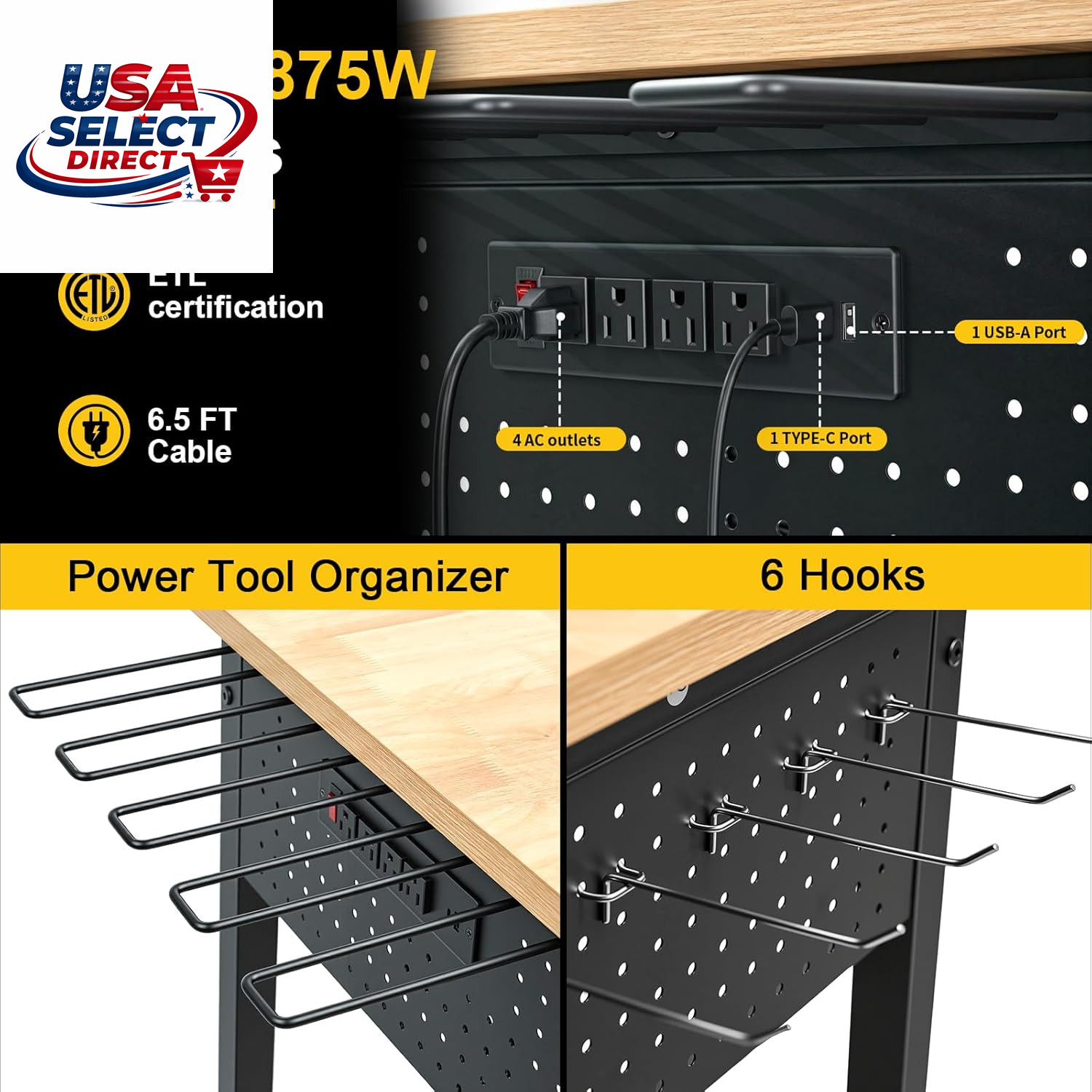 60" Heavy-Duty Garage Workbench, 2300LBS Capacity Work Table with Power Strip, W
