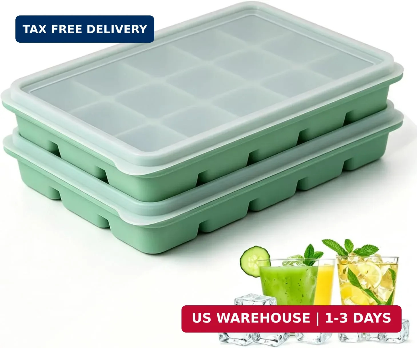 Ice Cube Trays with Lid, 2 Packs 30 Cubes Durable Stackable Flexible Silicone Ic
