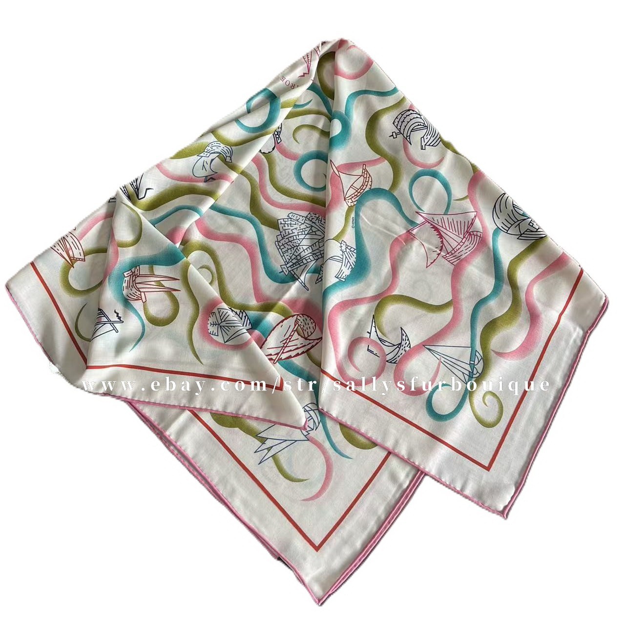 Sallys 70% Cashmere & 30% Silk Wrap Scarf Boats Print Double Face Shawl 53"